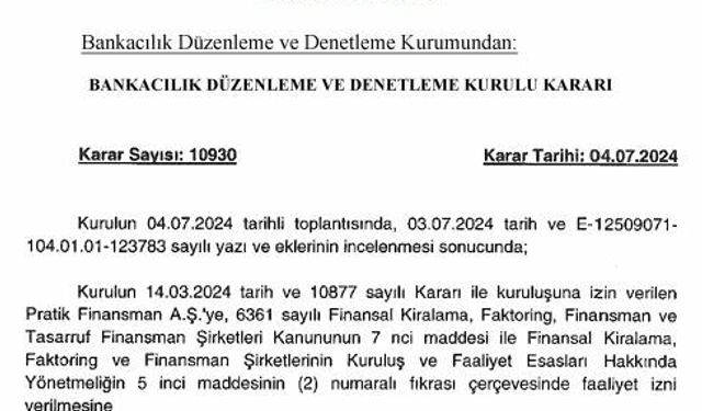 BDDK Kararları Resmi Gazete'de... Pratik Finansman'a faaliyet izni verildi, Tuna Faktöring'in izni iptal edildi