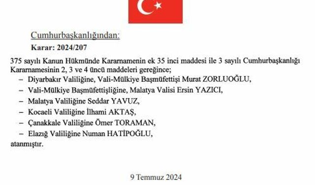 Cumhurbaşkanlığı kararı ile 6 ilin valisi değişti