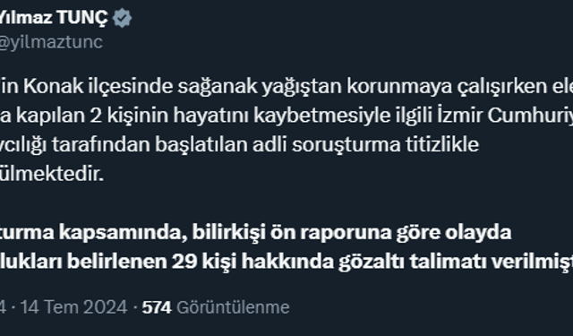 İzmir'de sağanak sonrası elektrik akımına kapılan 2 kişinin ölmesi... Adalet Bakanı Tunç: "Olayla ilgili 29 kişi hakkında gözaltı talimatı verildi"