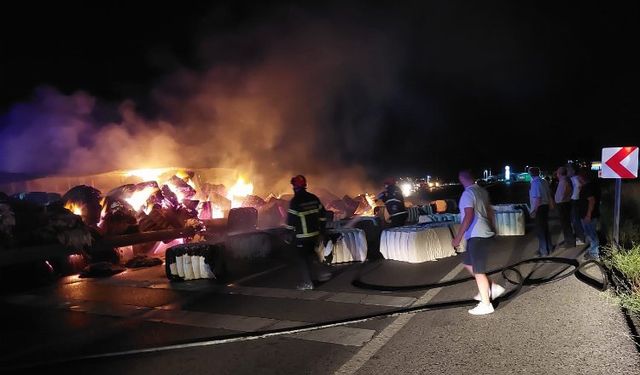 Kırcasalih yakınlarındaki kazada pamuk yüklü TIR yandı