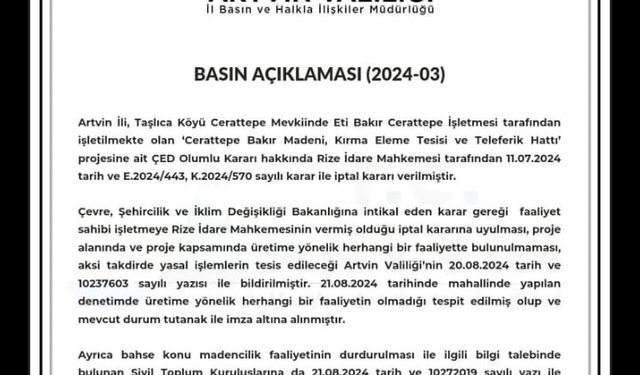 Artvin Valiliğinden Cengiz Holding'e Cerattepe uyarısı:  ''ÇED olumlu kararı iptal edildi, karara uyun''