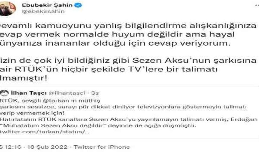 RTÜK Başkanı Şahin: “Sezen Aksu'nun şarkısına dair RTÜK'ün hiçbir şekilde TV'lere bir talimatı olmamıştır”